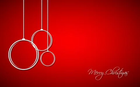 Three white christmas balls with strings on red background, holiday greeting Stock Illustration