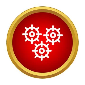Three white cogwheels icon in a gold framed red circle Stock Illustration