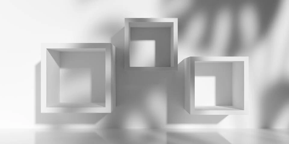 Three white cube shelves on the wall in white room with leaf shadows, produ.. Stock Illustration