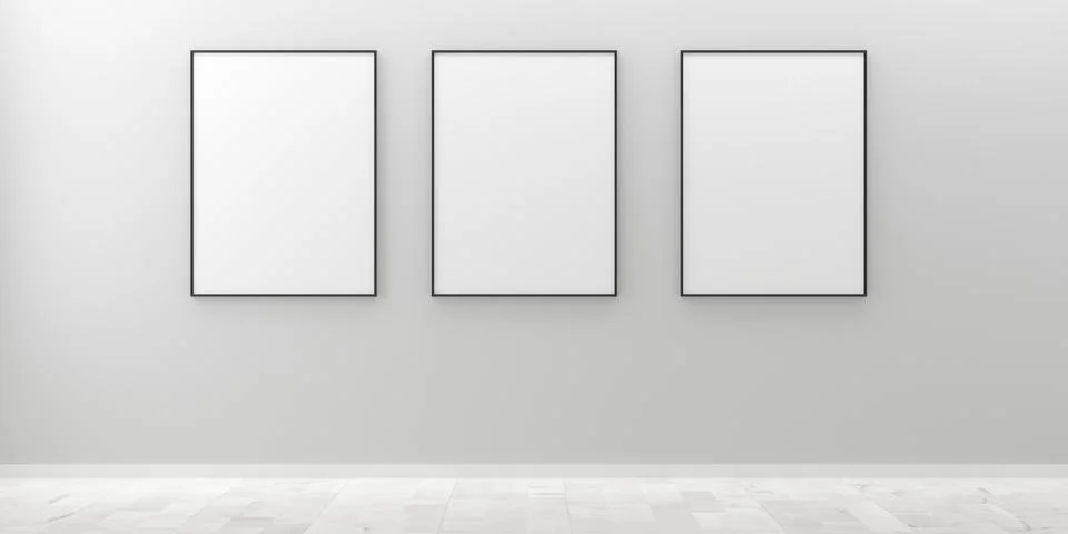 Three white empty blank picture or poster frames template mock up design hang Stock Illustration