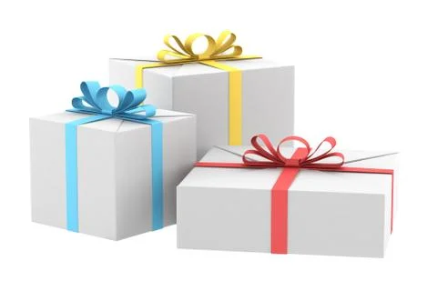 Three white gift boxes with color ribbons and bows isolated on white Stock Illustration