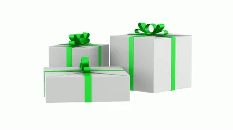 Three white gift boxes with green ribbon and bow loop rotate on white background Stock Footage 22009794