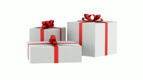 Three white gift boxes with red ribbon and bow loop rotate on white background Stock Footage 21951810