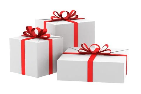 Three white gift boxes with red ribbons and bows isolated on white Stock Illustration