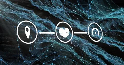 Three white icons floating in data network, with lines, location pin, heartbe 스톡 사진