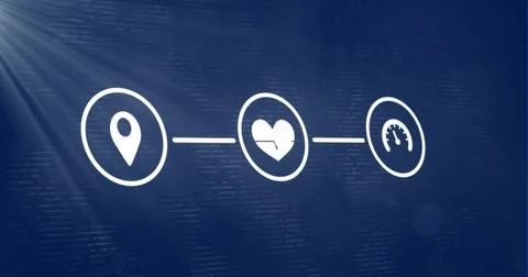 Three white icons lining up on dark blue backdrop, with location pin, heart Stock Photos