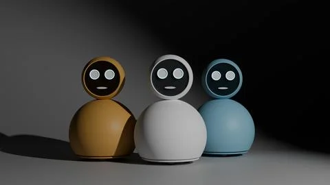Three white, light blue and brown home assistant robots with face screens o.. Stock Illustration