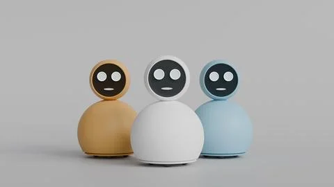Three white, light blue and brown home assistant robots with face screens o.. Illustrazione stock
