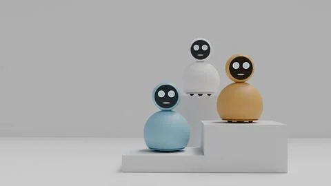 Three white, light blue, and brown home assistant robots with face screens .. Illustrazione stock