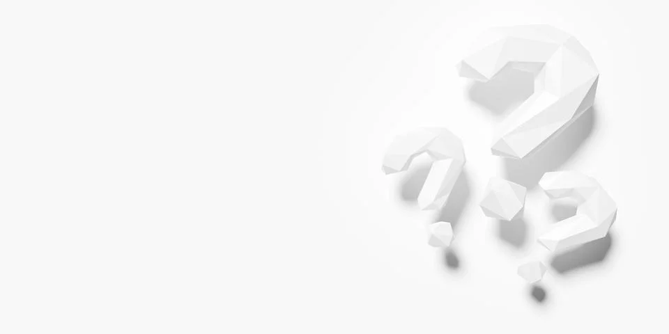 Three white low-poly polygonal question marks on white background, idea, so.. Stock Illustration