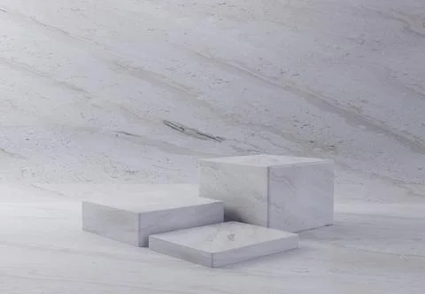 Three white marble cubes brick podium background. Abstract and object for p.. Illustrazione stock