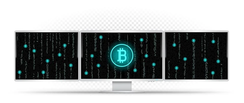 Three white monitors mining bitcoin 스톡 일러스트