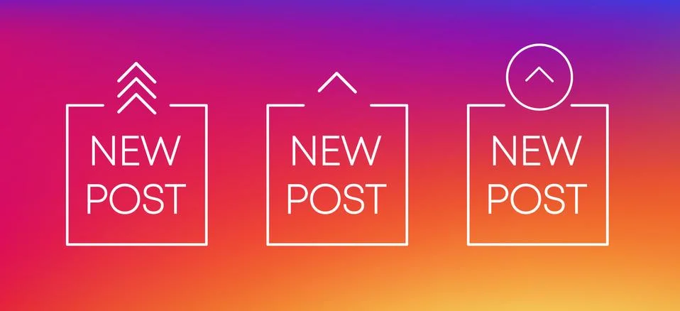 Three white new post icon. Scroll arrow up drag button up social media interf Stock Illustration