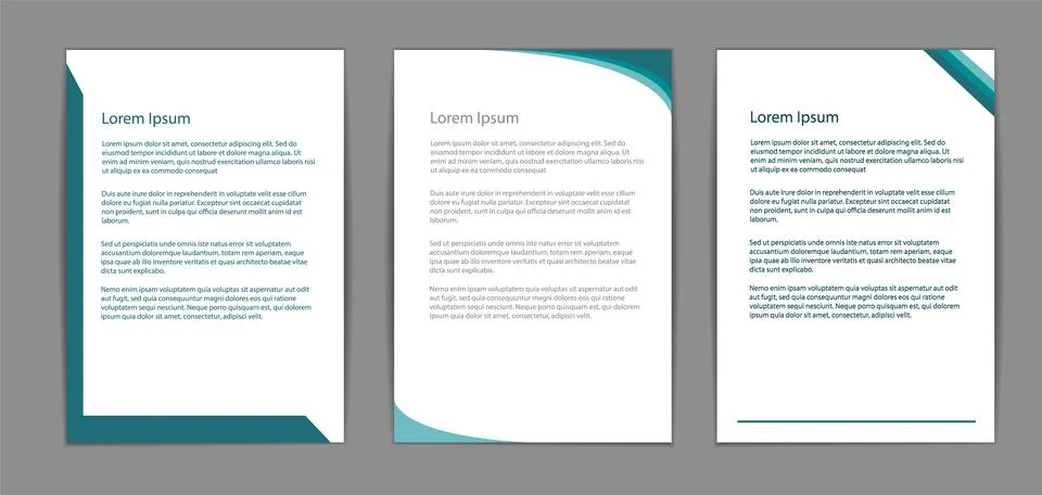Three white papers with teal blue design elements on a gray background. Modern Stock Illustration