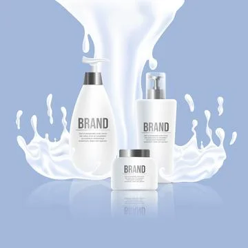 Three white plastic bottles with brand name and white splash vector realistic Stock Illustration