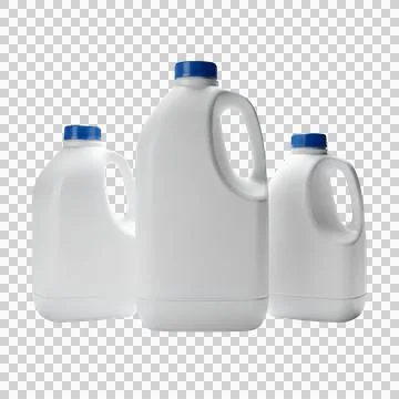 Three white plastic jugs with blue caps for household liquid isolated on tr.. Stock Photos
