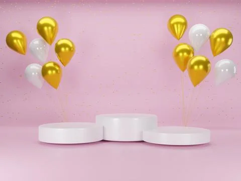 Three White podium with white and golden balloons. Minimal pedestal cosmetic Stock Illustration