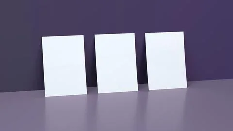 Three White Posters Mockups on a Purple Background With Reflection. 스톡 일러스트