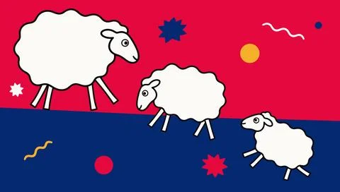 Three White Sheep on Red and Blue Geometric Background Stock Illustration