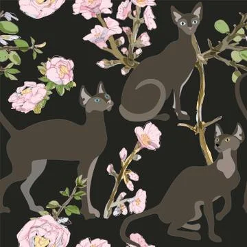 Three white siamese or sphinx cats in sakura flowers on a light background se Stock Illustration