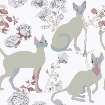 Three white siamese or sphinx cats in sakura flowers on a light background se Stock Illustration