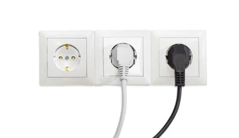 Three white socket outlets with two connected corresponding power plugs Stock Photos