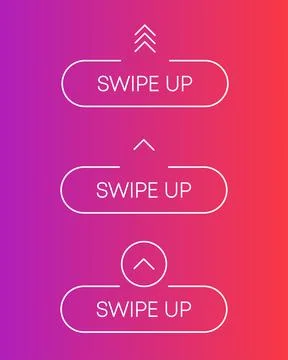 Three white swipe up icon. Scroll arrow up drag button up social media interf Stock Illustration