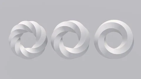 Three white twisted circle shapes. White background. 3d render. Stock Illustration