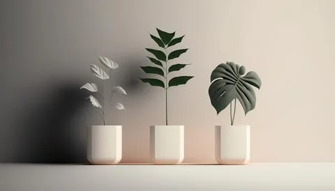 Three white vases with plants in them on a table top with a light colored b.. Ilustración de archivo