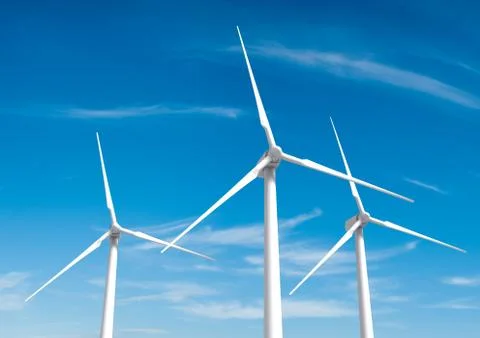 Three white wind turbine generating electricity on blue sky Stock Illustration