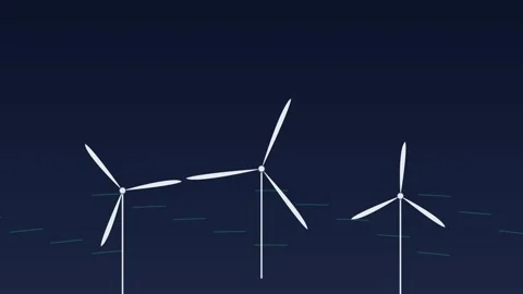 Three white wind turbines glowing against a dark blue night ocean background 動画素材 338310923