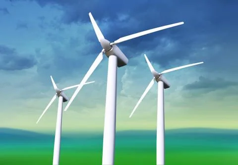 Three white wind turbines Stock Photos