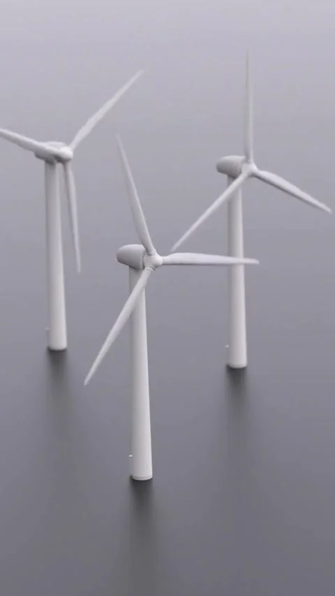Three white wind turbines spinning for renewable energy source Video stock 334169469