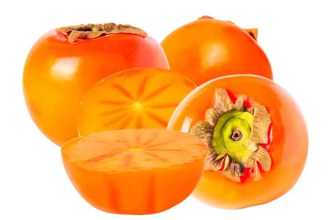 Three whole and two half persimmon isolated on white background Stock Photos