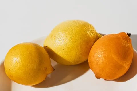 Three whole lemons on a white ceramic plate with sharp shadows 스톡 사진