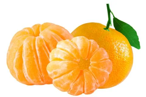 Three whole mandarin with leaf isolated on white background Stock Photos