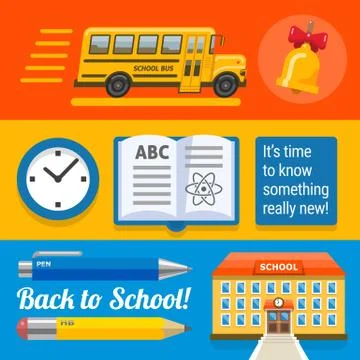 Three wide school designs with bus, book, buinding Stock Illustration