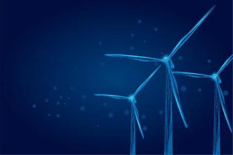 Three wind mills consisting of points, lines, and shapes. Wind turbines field Stock Illustration