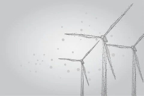 Three wind mills consisting of points, lines, and shapes. Wind turbines field Illustrazione stock