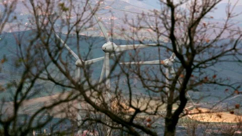Three wind turbine with branches Stock Footage 87546858