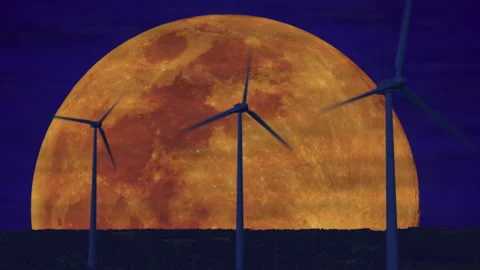 Three wind turbine in moon light at night (4K) Stock Footage 201245225