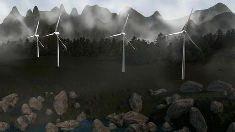 Three wind turbines are in the foreground of a mountain landscape Stock Illustration