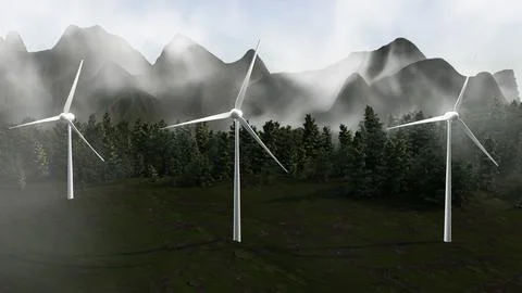 Three wind turbines are standing in a forest with mountains in the background Stock Illustration