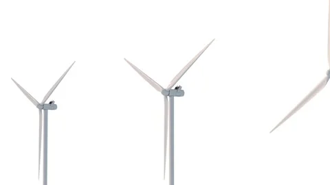 Three Wind Turbines. Blades Rotating Around Rotor. White background. Stock Footage 236703927