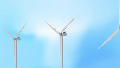 Three Wind Turbines. Blades Rotating Around Rotor. Blue background. Stock Footage 236831159