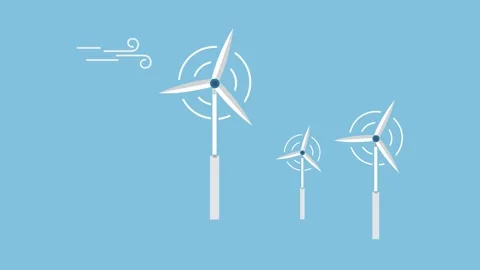 Three wind turbines generating energy, shown on a blue background, symbolizing Stock Footage 304965532