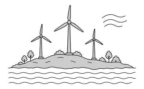 Three wind turbines on an offshore platform generating clean energy Stock Illustration