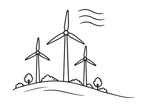 Three wind turbines on a small hill with trees and windy weather illustration Stock Illustration