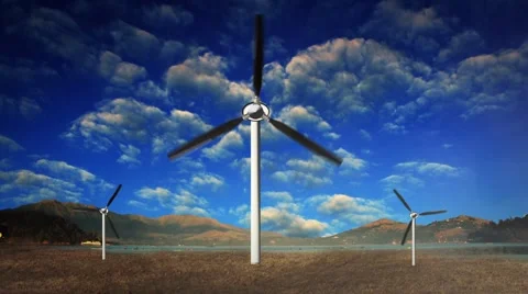 Three Windmill Generators Spinning with Clouds Moving in the Background Stock Footage 58155607