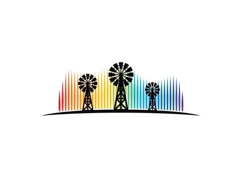 Three windmill stands on the ground in front of aurora borealis Stock Illustration